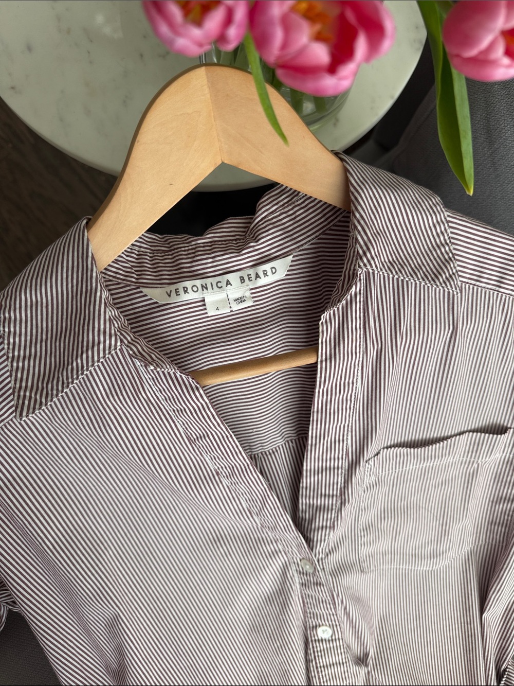 Veronica Beard Beige and White Striped Tie-Front Shirt Dress Size 4 - Picture 14 of 15